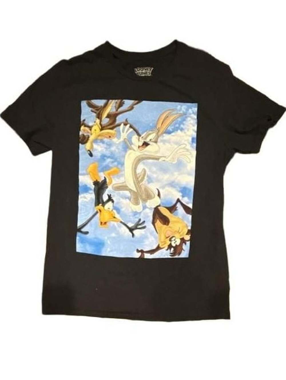 Looney Tunes Graphic T-Shirt Size M Black Characters Sky